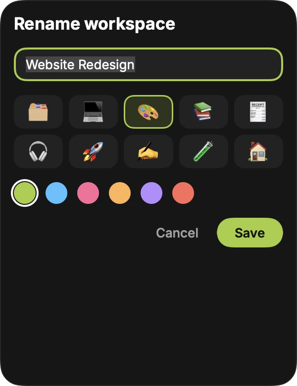 renaming a workspace and choosing an emoji and colour